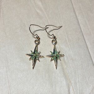 Gold Earrings with Green Starbursts